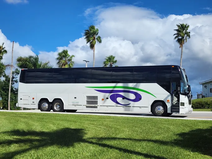 A sleek, white tour bus with a green and purple design parked on a sunny roadside, surrounded by palm trees and blue skies.
