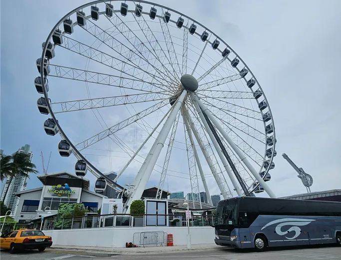 The image shows a large Ferris wheel beside a tour bus, with modern buildings in the background, highlighting a popular entertainment area.