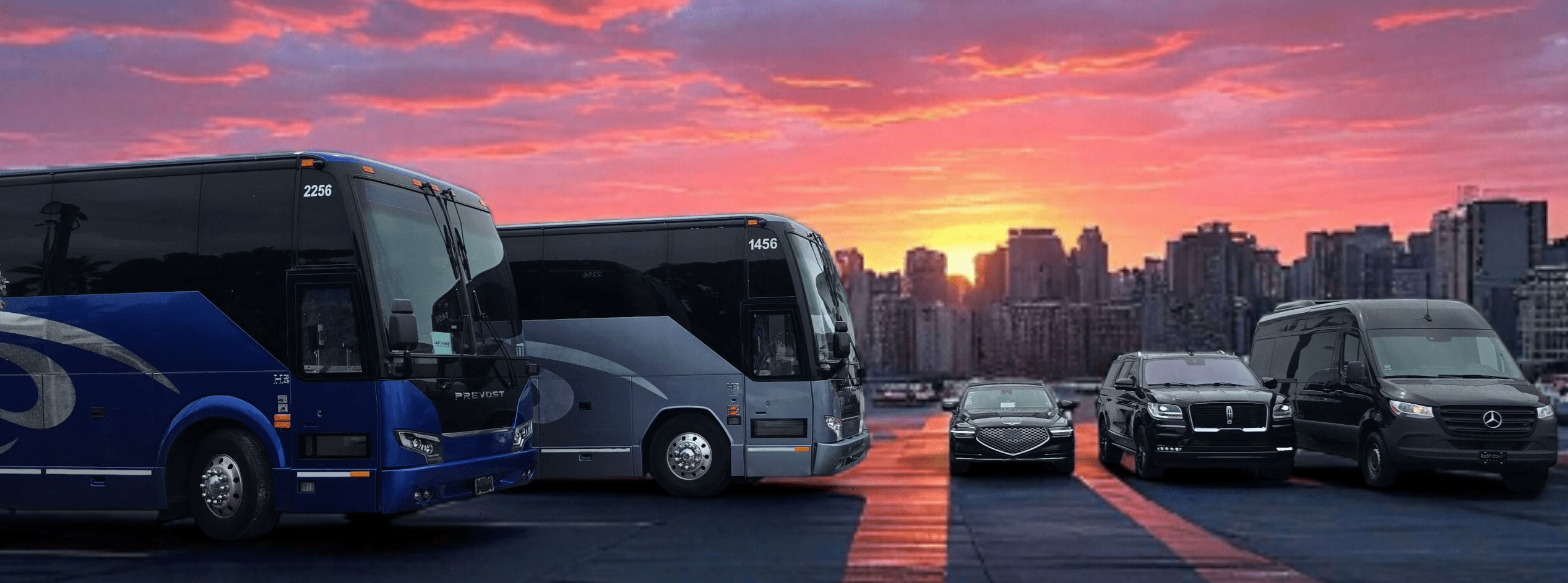 Buses and luxury vehicles are parked against a vibrant sunset backdrop, showcasing transportation options in an urban setting.
